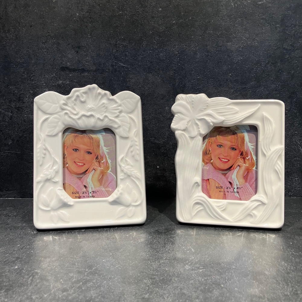 Vintage White Ceramic Floral Picture Frames Set of 2 Embossed Porcelain 2.5x3.5